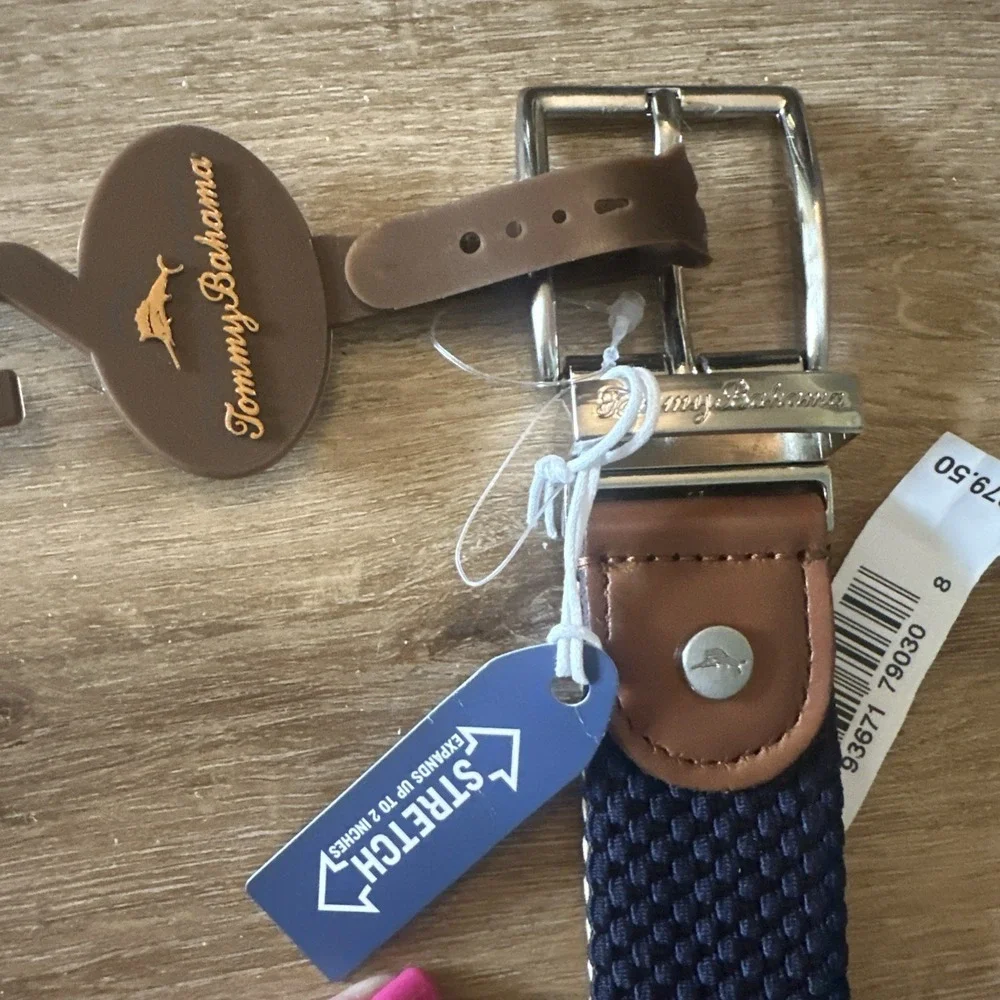 Tommy Bahama Leather and Fabric Stretch Belt Navy Khaki‎ Men's Size 30-32